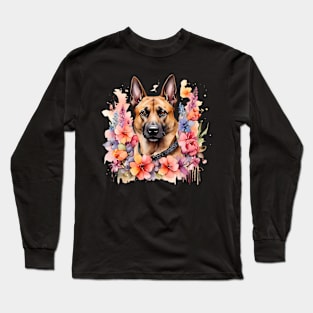 A malinois decorated with beautiful watercolor flowers Long Sleeve T-Shirt